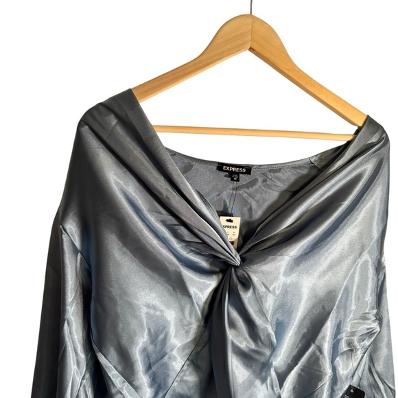 Express Satin Bell Sleeve Top Knot Front Blue Blouse Women's Size Medium NWT - Picture 2 of 5